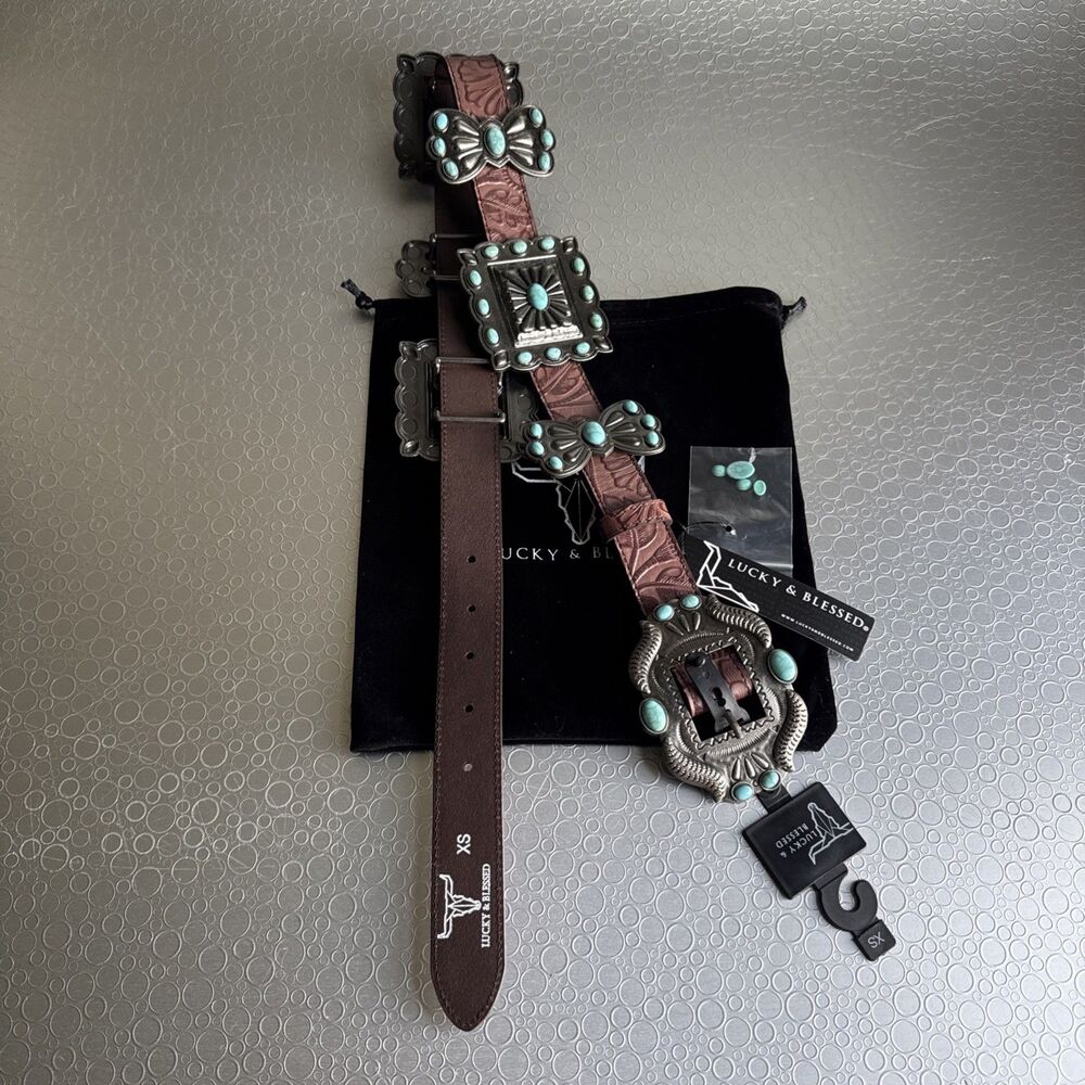 NEW Lucky & Blessed Turquoise Concho Tool Leather Belt - XS Runs Bigger Dust Bag